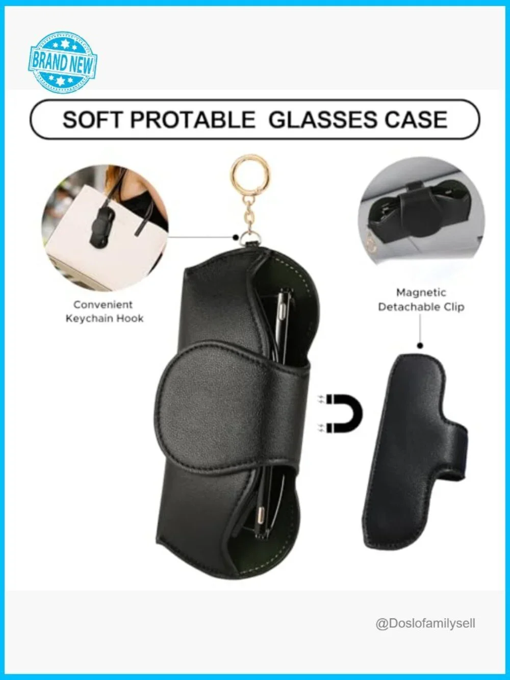 Leather Sunglasses Case with Magnetic Clip Car Visor Organizer Portable